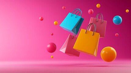 Obraz premium Colorful shopping bags and vibrant spheres floating against a pink background. Modern retail and shopping concept.