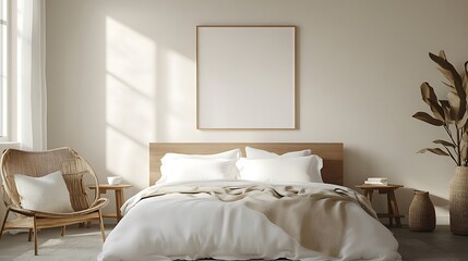 Minimalist bedroom with a large wooden frame, a white bed, a woven chair, and a potted plant.