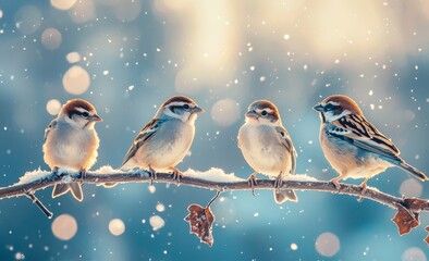 Fototapeta premium Funny small birds sit on a branch in a winter garden