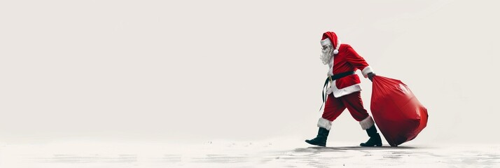 A festive scene featuring Santa Claus dragging a large red sack filled with gifts, set against a snowy, minimalist winter background. Perfect for holiday-themed projects and seasonal designs.