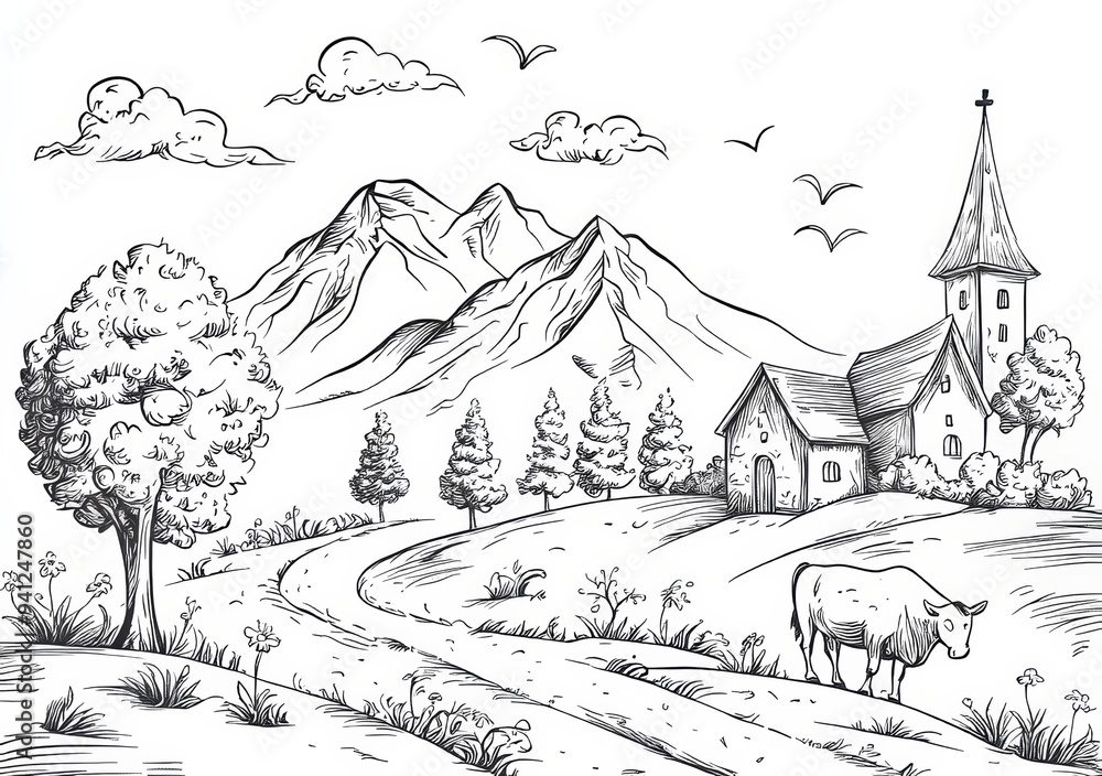 Sticker Detailed watercolor and sketch of idyllic mountain landscapes and farm animals.