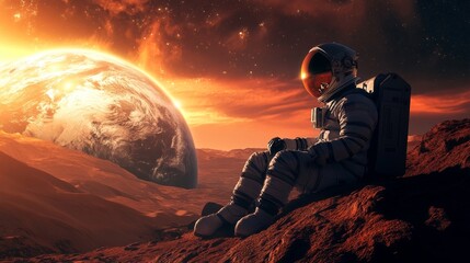 Astronaut sitting on Mars watching the Earth