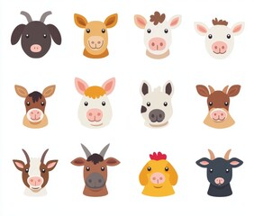 Animal faces collection on white. Illustration of farm animals.