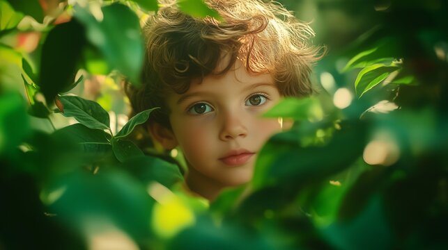 A boy peeks from a green bush, eyes sparkling with wonder in a vibrant, magical setting.
