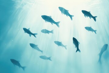 A serene underwater scene depicting a school of fish swimming gracefully in a tranquil blue environment.