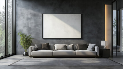 Modern luxury interior design of a living room in house and sun rays from the window against the background of concrete walls. White balnk painting frame in the middle to place your design