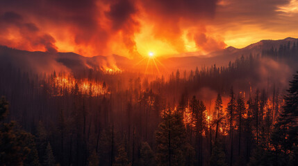 Intense wildfire consuming a dense forest.