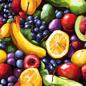 A vibrant and artistic seamless pattern featuring a variety of digitally painted fruits, showcasing a lively and colorful design perfect for backgrounds