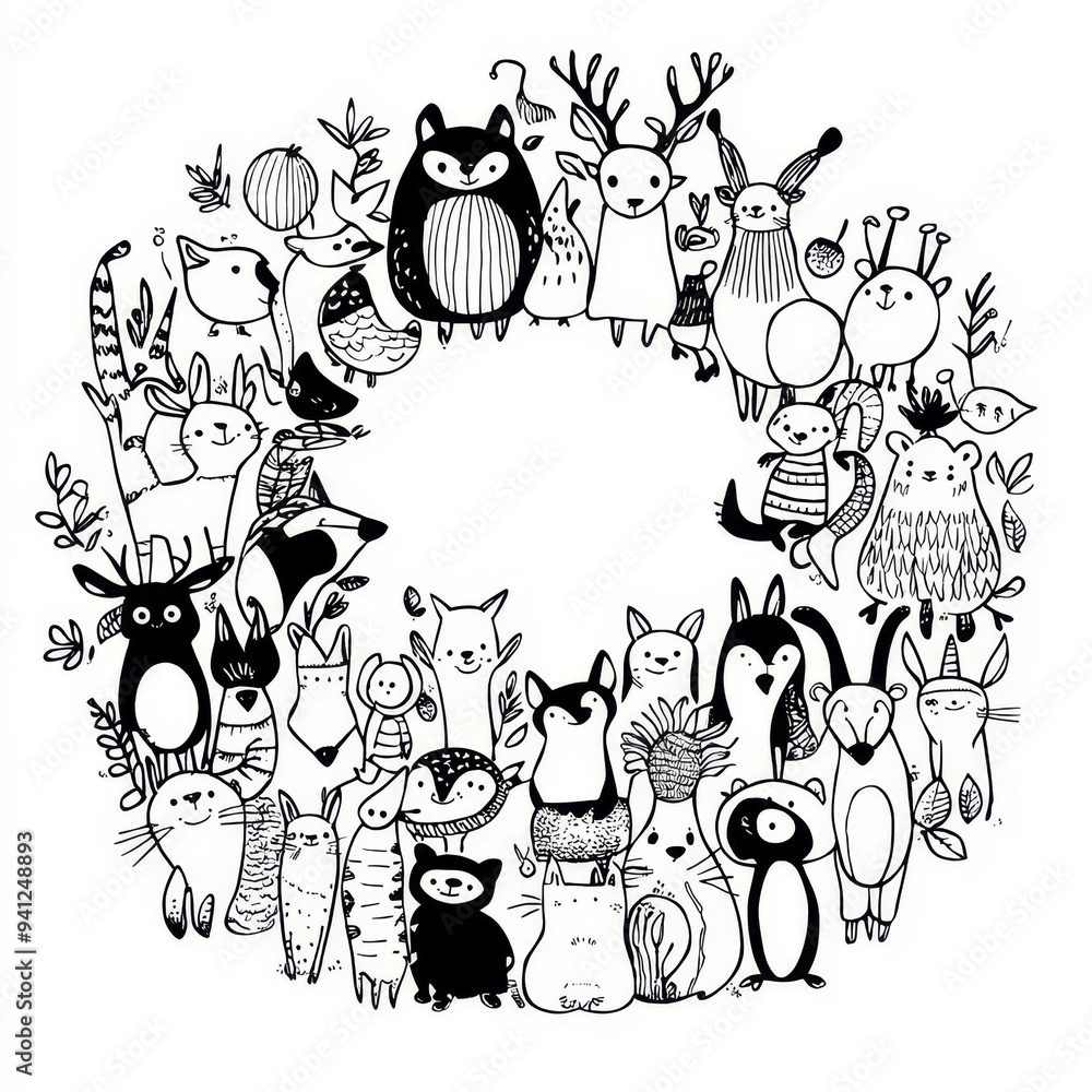 Poster fun forest characters with circle shape coloring page. black and white illustrations. template for c