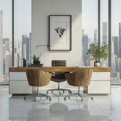 This is a cozy director's room with an armchair, a work desk, and a panoramic window