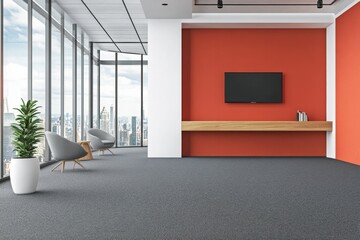 Interior of a living room with a relaxing area and a TV screen, and a window. Mockup of a wall decoration