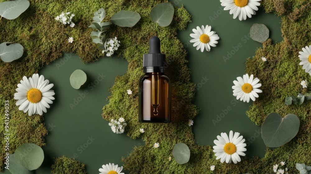 Sticker Green background with amber dropper bottle. Product display. Natural skincare concept with generative AI.