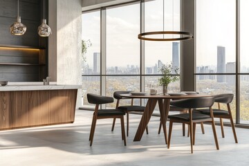 Fototapeta premium With dining table, bar island, and panoramic window, this modern home kitchen interior looks fantastic