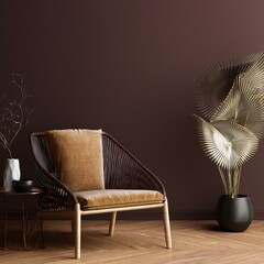 Home Mockup Interior with Dark Brown Minimalist Decor - 3D Render