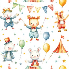 Animated circus watercolor seamless pattern tile of baby animals