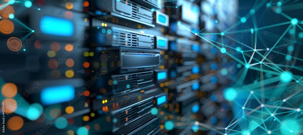 Poster network connections glowing in data center with multiple server racks, hosting it infrastructur