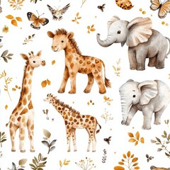 Fototapeta premium Watercolor seamless pattern of giraffes, elephants, cheetahs, antelopes in the savannah. African safari.