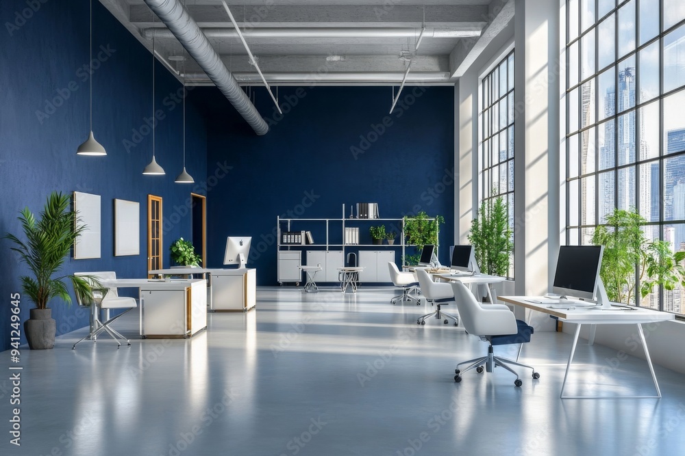 Poster desks with computer monitors in rows, panoramic window in dark coworking space
