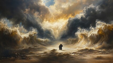 A lone figure walks through a stormy sea with a golden sky above.