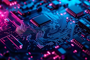 Obraz premium Circuit Board with Neon Lights: A Close-up View of Technological Advancement