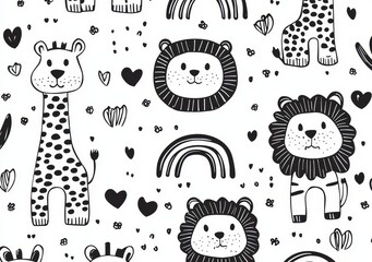 Indoor seamless pattern of cute safari animals. Tiger, lion, giraffe illustrations. Children's art.