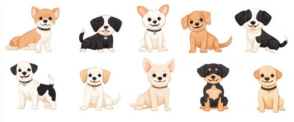 Dog doodle modern set. Cartoon dogs or puppies in various poses with flat colour palette. Set of funny pet animals isolated on white.