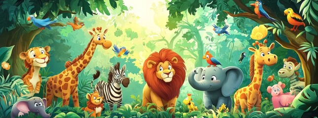 The jungle is full of cute jungle animals in nature with many adorable safari or zoo animals. A horizontal panorama for kids and young children, an illustration of modern art.