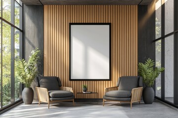 Living room interior with arm chairs and panoramic window. The frame is made from wood.