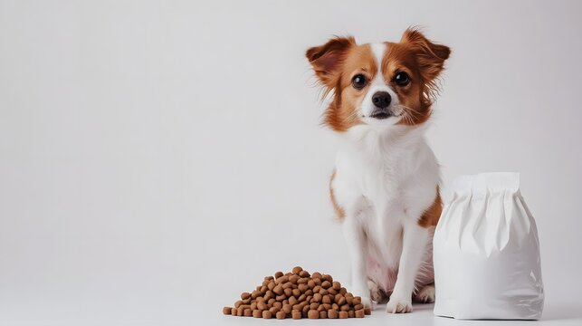 A dog sits next to a clean, white pet food package on a white background,