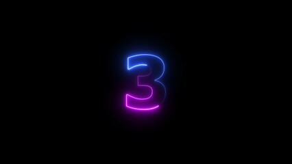 Abstract Neon text 3 number countdown timer background. Glowing neon number three.