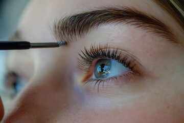 Young woman face, with her natural lashes being expertly extended by a professional, transformation and attention to detail in the procedure