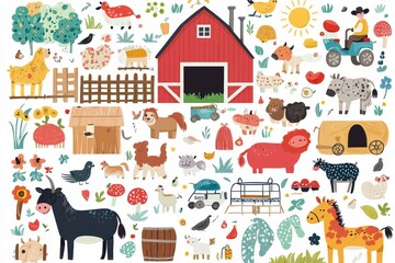 Naklejka premium Clipart of farm life. Farm animals, farmer, and farming and farming related items. Farm animals and birds, farming tools.