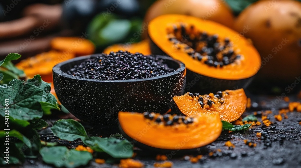 Wall mural   A bowl of black seeds sits beside a stack of oranges and green foliage atop a table