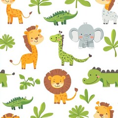 Hand-drawn jungle animals and palms seamless pattern for kids, summer background