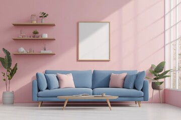 This mockup features a living room interior with a couch and shelf, along with a panoramic window