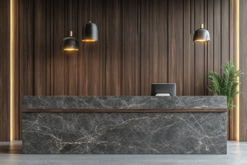 Stone reception desk with computer, wooden walls in modern office interior