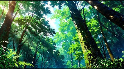 Naklejka premium lush green forest with tall majestic trees and a soft background