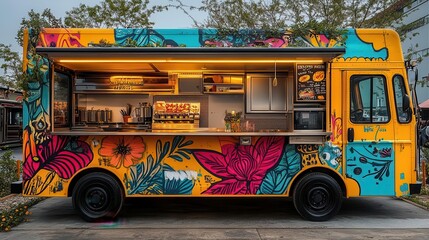 retrostyle food truck with vibrant colors and bold graphics isolated on white compact mobile kitchen showcasing street food culture and entrepreneurial spirit