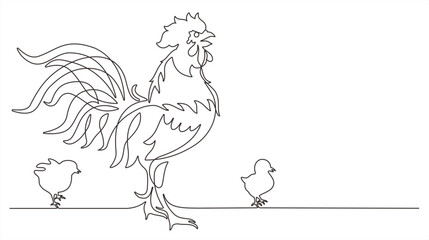 Continuous line drawing of a rooster and two chicks. Template for your design work. Vector illustration.