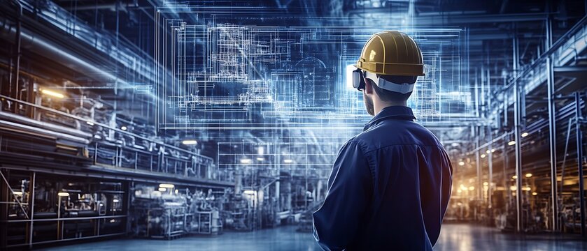 Engineer with VR headset in plant, holographic blueprints, futuristic tech dark moody tones, neon lights