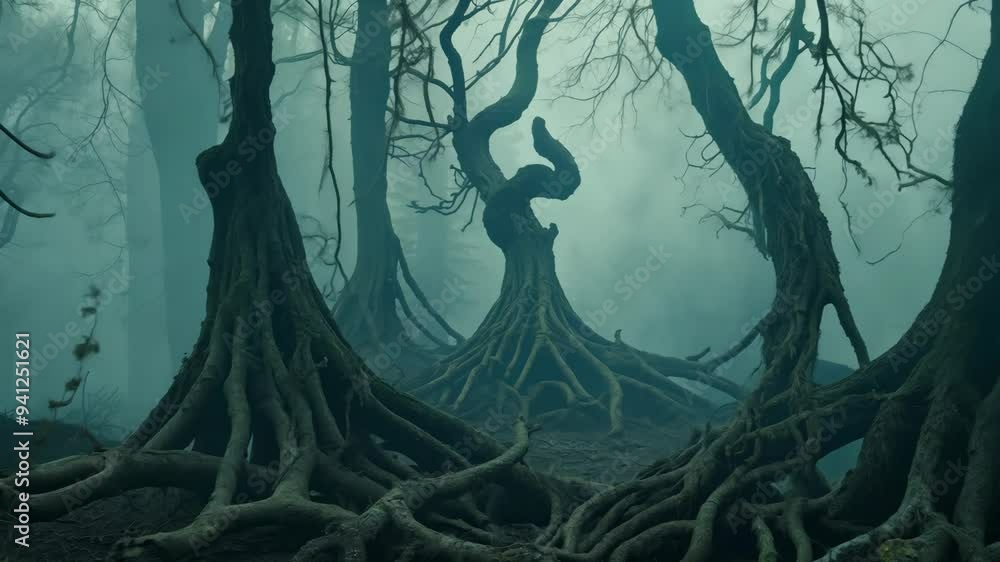 Poster mysterious twisted trees in a foggy forest at dawn with eerie light and shadows