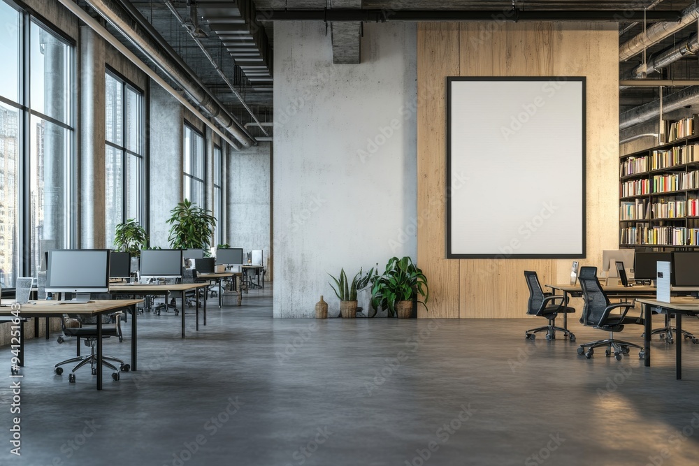 Poster a mockup of a white and wooden office with white armchairs and computers on tables. an open space bu