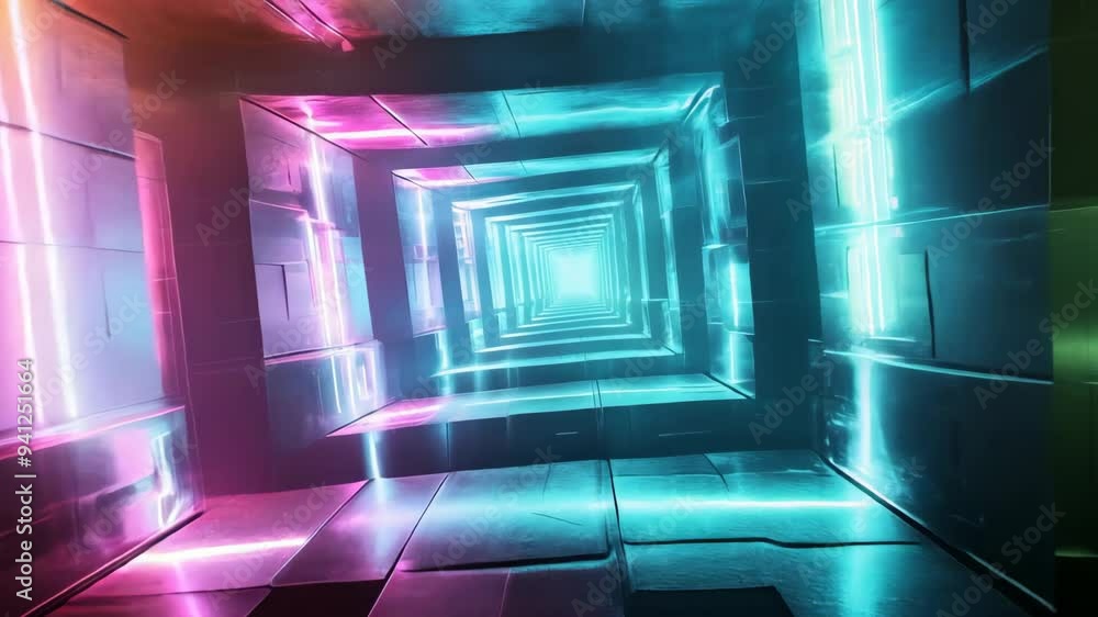 Poster glowing neon with multicolored lights forming a futuristic square pattern