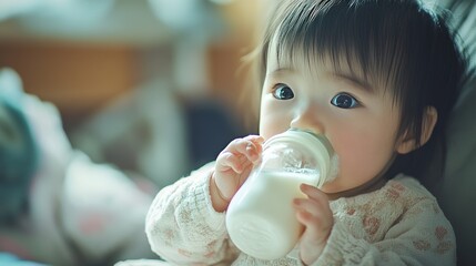 Baby drinking milk with his own baby bottle (0 years old, 8 months old, Japanese, girl) 