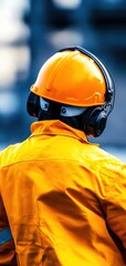 Fototapeta premium A worker wearing an orange helmet and protective headphones on a construction site, showcasing safety in the workplace.