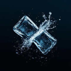 Two ice cubes are being splashed with water against a dark black background that enhances their glistening beauty and coldness