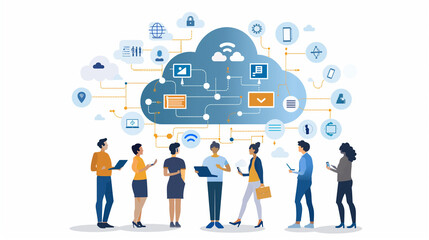 Cloud computing concept with professionals collaborating, featuring data security, connectivity, and digital transformation icons.