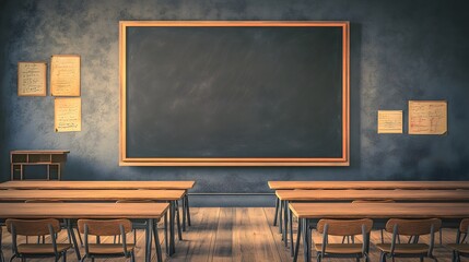 Empty blackboard in a school classroom with a smooth black surface, complemented by wooden tables and chairs.