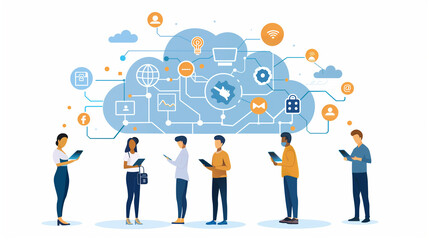 Cloud computing concept with professionals collaborating, featuring data security, connectivity, and digital transformation icons.