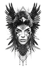 Beautiful womans face wearing eagle costume very simple traditional tattoo flash styles illustration